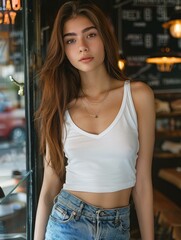 Fototapeta premium portrait of a beautiful young woman standing in front of a glass door