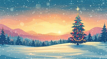 Fototapeta premium A snowy Christmas landscape with a decorated Christmas tree in the center