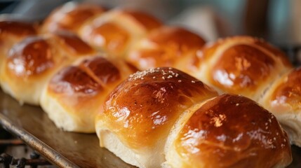 Tray of fresh bread rolls on a table