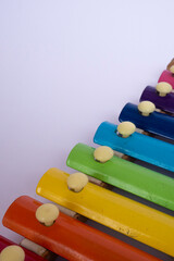Rainbow Xylophone Or Glockenspiel with white isolated object. Rainbow Xylophone background.