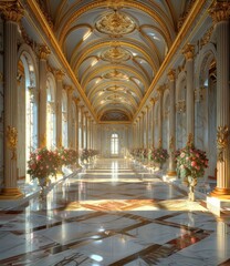 Obraz premium A Long Marble Gallery with Pink Flowerpots