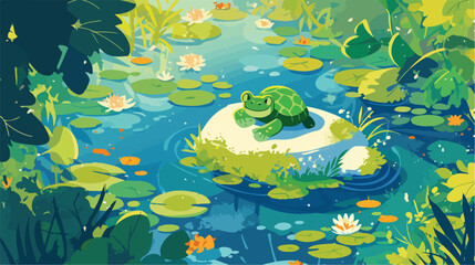Scene with cute turtle sitting on stone near pond w