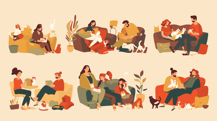 Scenes with happy people and cats relaxing at home.