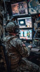 Soldier operating advanced military technology in a command center