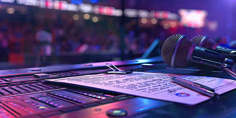 Close-up of a sports journalist's desk with press credentials and interview transcripts, representing a job in sports journalism