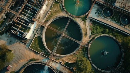 Aerial top view Water Treatment Plant for Purify Water or Environment Conservation. - obrazy, fototapety, plakaty