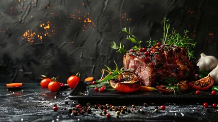 fried pork with vegetables on a dark background, Generative AI,