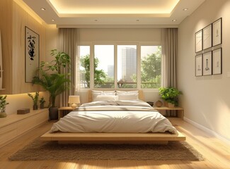 A bedroom with a large bed, a rug, and some plants