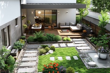 An illustration of a modern house with a beautiful garden
