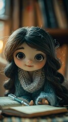 A cute doll with big eyes is sitting on a table and writing in a diary