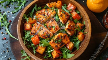 Salmon with roasted pumpkin and tomatoes