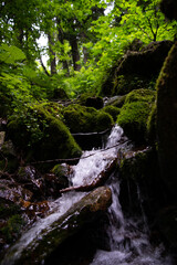 Beautiful mountain landscape in early spring. Small river with a waterfall.