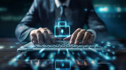 Person with a digitally encrypted security system on a holographic interface typing, modern cyberspace concept