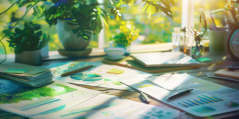 Close-up of a sustainability consultant's desk with environmental reports and green technology samples, showcasing a job in sustainability consulting