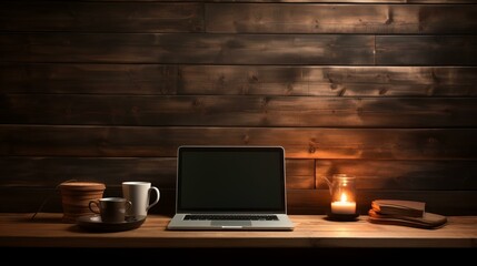A wooden desk with a laptop, a cup of coffee, a candle, and some books