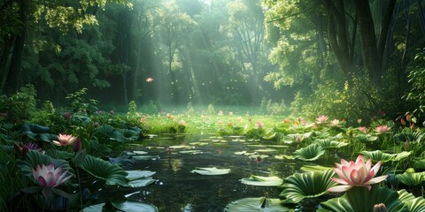 A tranquil pond in a lush green forest with blooming lotuses