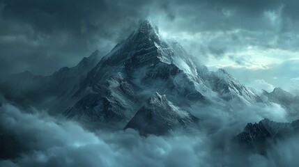 Mystical mountain range landscape with snow and clouds