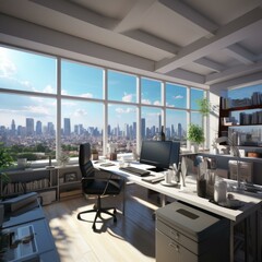 A modern office with a large window overlooking the city