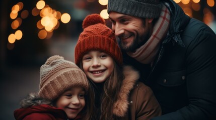 Father and two daughters wearing winter hats smiling together