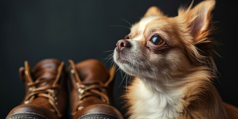 A curious chihuahua looking at a pair of brown leather boots
