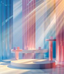 pastel color 3d rendering background with podium and geometric shapes
