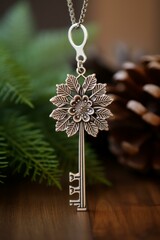 silver key necklace with flower pendant