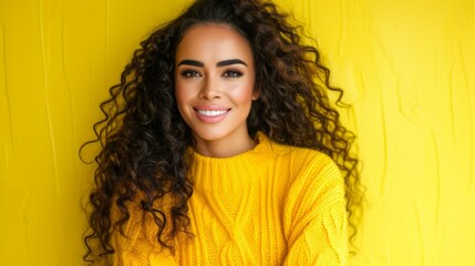 beautiful young woman with curly hair smiling wearing yellow sweater