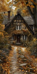 A charming cottage nestled in the woods during autumn