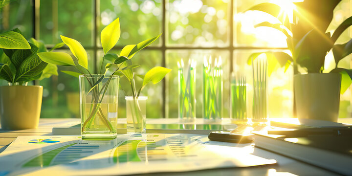Close-up of a sustainability consultant's desk with environmental reports and green technology samples, showcasing a job in sustainability consulting