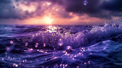 A photo of a close up of ocean waves, dark blue and purple colors, bubbles in the water, sun rays shining through.