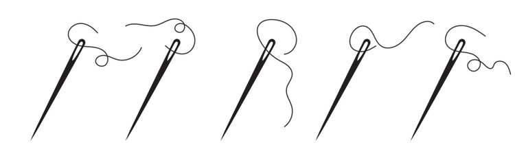 Set of needle with thread vector icons. Black silhouette with sewing needle. Vector illustration . Eps 10