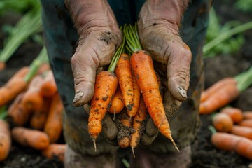 A farmer holding a handful of freshly harvested carrots