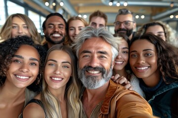 Multicultural happy people taking collective selfie in office, diverse people celebrating together, happy lifestyle and teamwork concept,Diverse and Joyful Office Team Celebrates with Selfie Portraits