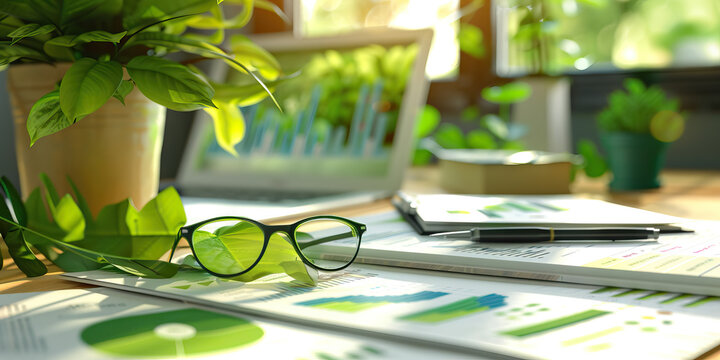 Close-up of a sustainability consultant's desk with environmental reports and green technology samples, showcasing a job in sustainability consulting