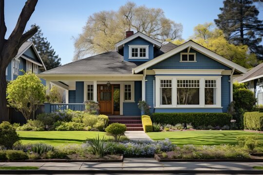 Blue Craftsman-Style Bungalow with White Trim and a Front Porch