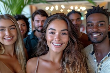 Fototapeta premium Multicultural happy people taking collective selfie in office, diverse people celebrating together, happy lifestyle and teamwork concept,Diverse and Joyful Office Team Celebrates with Selfie Portraits
