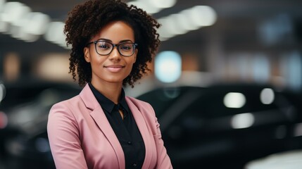 Portrait of a young African-American woman in a pink suit standing in a car dealership.