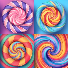 Vector illustration of four colored swirls on a blue background, representing a hand-drawn