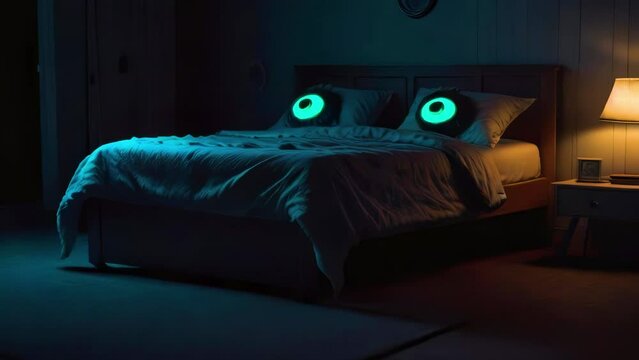 Two scary glowing eyes lie on pillows on bed in dark room. Concept of fear, nightmares and insomnia.