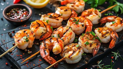 Shrimp skewers with herbs, garlic and lemon, Generative AI,