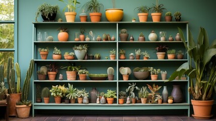 An Array of Potted Plants on Shelves Against a Green Wall