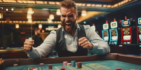 Bearded man celebrating his roulette win at the casino