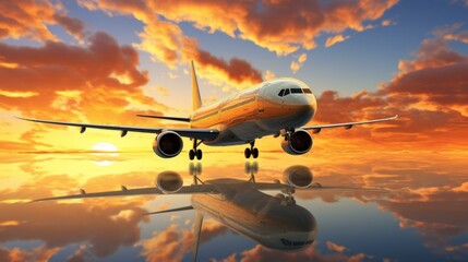 airplane flying over the sea at sunset