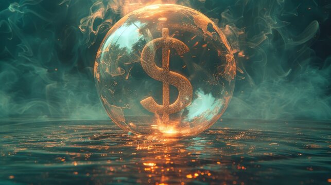 An investment bubble that causes financial crisis, an overvalued stock market or money inflation concept, businessman investor pumping air into a big floating balloon with a US Dollar money sign
