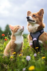 A ginger cat and a corgi looking up