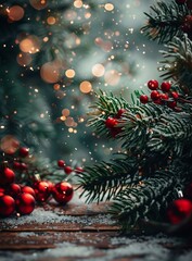 Christmas background with fir branches and red berries