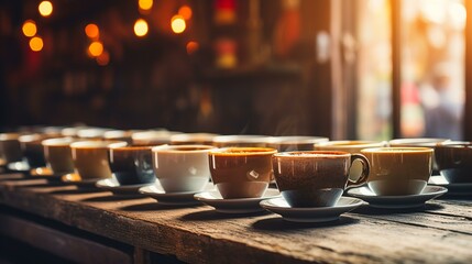 An assortment of coffee cups on a wooden table in a coffee shop