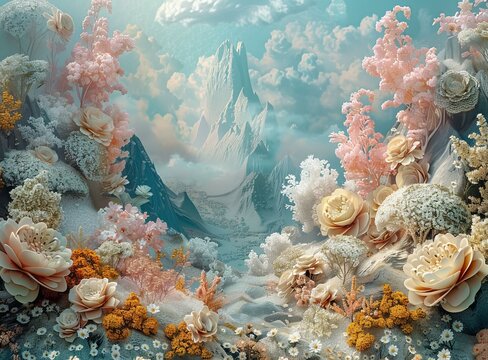 Fantasy landscape with pink and white flowers and snowy mountains