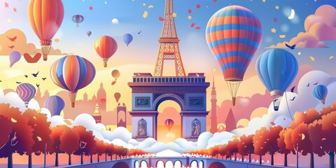 Hot Air Balloons Over Paris With The Eiffel Tower In The Distance