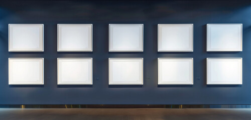 An avant-garde art gallery showcasing six minimalist white frames on a dark blue wall, perfect for highlighting modern art in a striking setting